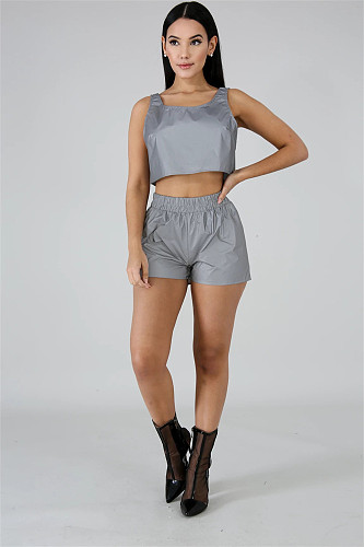 Reflective Sleeveless Crop Top Biker Shorts Sweat Suit JH-296