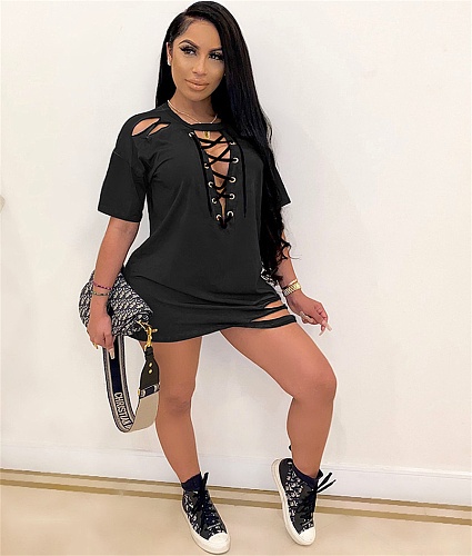 Sexy Lace-up Torn Short Sleeves Loose Fitting Dress SHE-7214