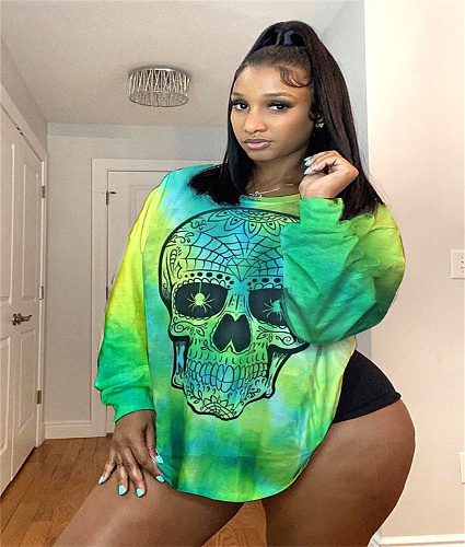 Skull Print Loose Round Neck Long Sleeve T-shirt YUM-9039