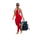 Solid Low Cut Halter Backless Bodycon Jumpsuit FOS-8202
