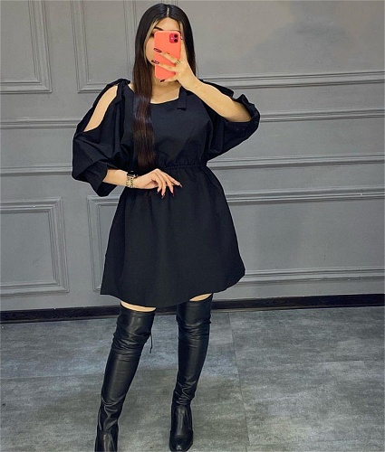 Off the Shoulder Half Sleeve Black A Line Dress LSL-6489