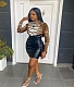 Women Printed Patchwork PU Leather Long Sleeve Bodycon Dress WY-6722