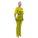Velvet Short Sleeve Tie Front Crop Top Flare Pants Set ANDI-1320