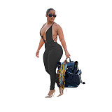 Solid Low Cut Halter Backless Bodycon Jumpsuit FOS-8202