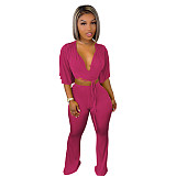 Velvet Short Sleeve Tie Front Crop Top Flare Pants Set ANDI-1320