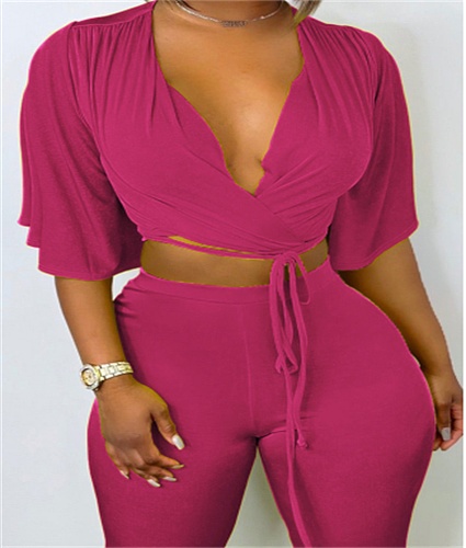 Velvet Short Sleeve Tie Front Crop Top Flare Pants Set ANDI-1320