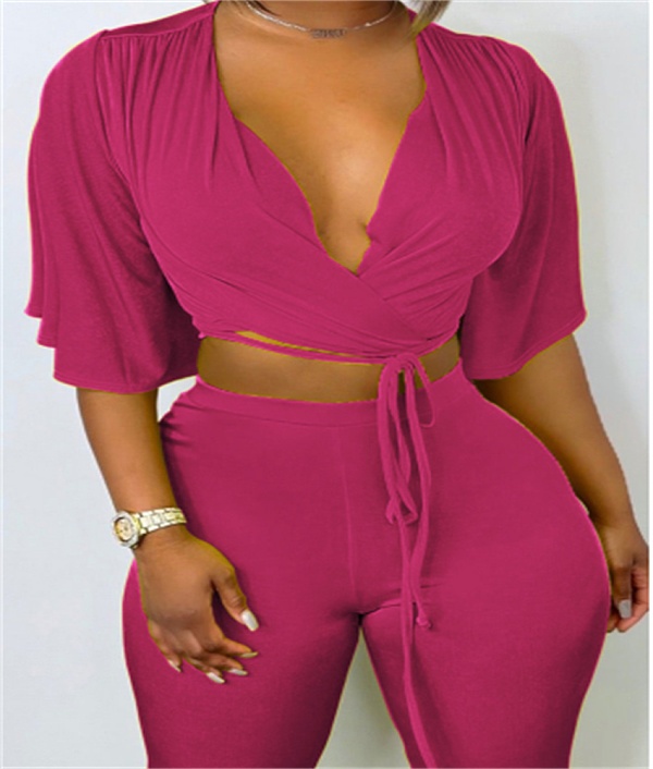 Velvet Short Sleeve Tie Front Crop Top Flare Pants Set ANDI-1320