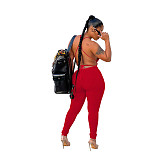 Solid Low Cut Halter Backless Bodycon Jumpsuit FOS-8202