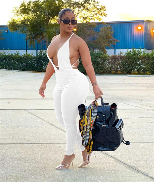 Solid Low Cut Halter Backless Bodycon Jumpsuit FOS-8202