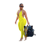 Solid Low Cut Halter Backless Bodycon Jumpsuit FOS-8202