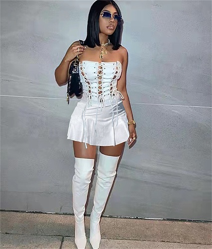 Strapless Lace Up Bandage A-line Bodycon Dress NIYA-8105