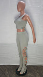 Knitted Stretchy Tank Crop Top+Side Lace Up Pants Set LX-6925