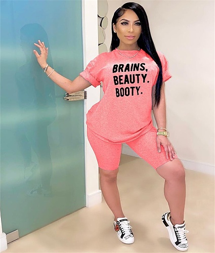 Leisure Letter Print Round Neck 2 Pieces Short Set ARM-8160