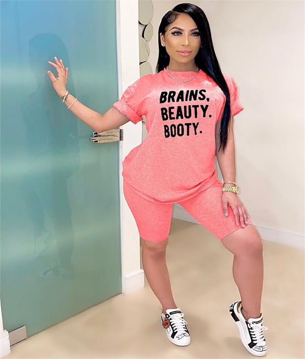 Leisure Letter Print Round Neck 2 Pieces Short Set ARM-8160
