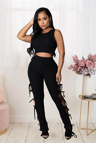 Knitted Stretchy Tank Crop Top+Side Lace Up Pants Set LX-6925