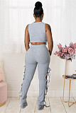 Knitted Stretchy Tank Crop Top+Side Lace Up Pants Set LX-6925