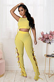 Knitted Stretchy Tank Crop Top+Side Lace Up Pants Set LX-6925