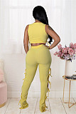 Knitted Stretchy Tank Crop Top+Side Lace Up Pants Set LX-6925
