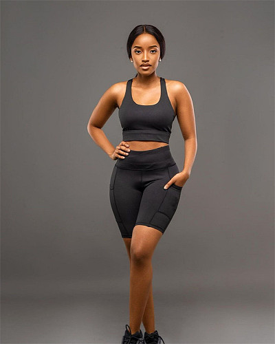 Yoga Outfit Cross Back Crop Top Biker Shorts Set MAE-2136