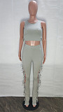 Knitted Stretchy Tank Crop Top+Side Lace Up Pants Set LX-6925