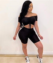 Pit Striped Bare Navel Off Shoulder Two Pieces Short Set ME-523