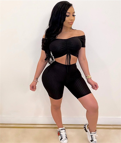 Pit Striped Bare Navel Off Shoulder Two Pieces Short Set ME-523