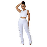 Knitted Stretchy Tank Crop Top+Side Lace Up Pants Set LX-6925