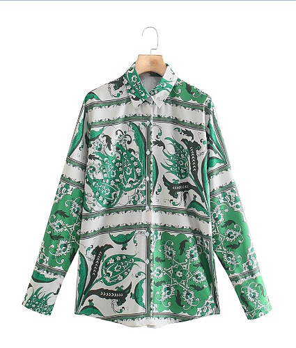 Vintage Print Long Sleeve Button-up Shirts Tops OYW-20655