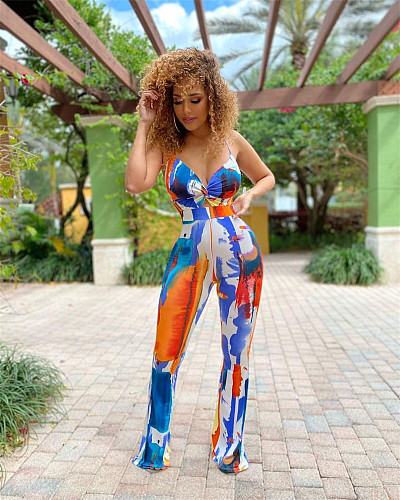 Sleeveless Tie Dye Skinny Bell Bottom Flare Jumpsuit ZAND-31199