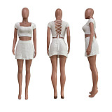 Solid Knitted Lace Up Back Crop Top+Mini Skirt Suit TR-1198