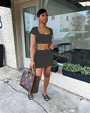 Solid Knitted Lace Up Back Crop Top+Mini Skirt Suit TR-1198