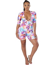 Sexy Low Cut Printing Bodycon Short Jumpsuit Rompers FSL-018