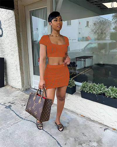 Solid Knitted Lace Up Back Crop Top+Mini Skirt Suit TR-1198