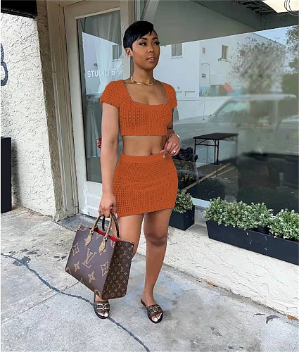 Solid Knitted Lace Up Back Crop Top+Mini Skirt Suit TR-1198