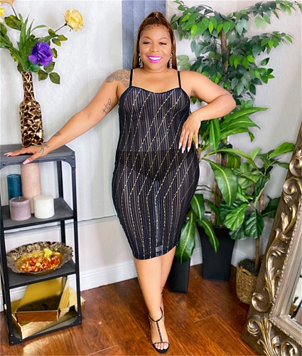 Plus Size Mesh See-through Sleeveless Midi Pencil Dress JLY-19324