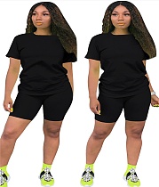 Solid Color Round Neck Short Sleeves Leisure Cotton Two Pieces Set TE-3998