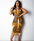 Vintage Print Zipper Sleeveless Bodycon Dress with Sashes ML-7475