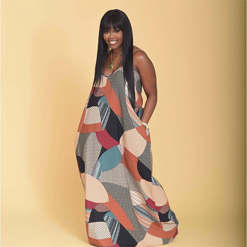 Sleeveless Geometric Print Loose Plus Size Dress TB-5424