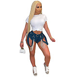Low Waist Ripped Holes Tassel Hot Drill Denim Shorts CN-0169