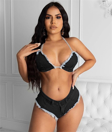 Sexy Solid Color Fringed Tethered Denim Bikini Set BS-1214