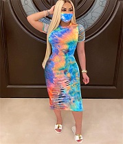 Fashionable Tie-Dyed Flared Short-Sleeved Round Neck Dress without mask NM-8300