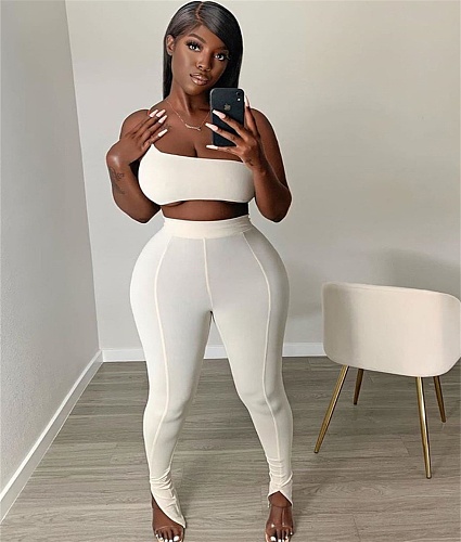 Solid Color Single Side Sling Wrap Chest Fishtail Trouser Leg Two-piece Set NIK-124