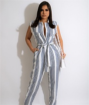Striped High Waist Turn Down Collar Jumpsuit MUX-6085