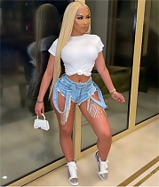 Low Waist Ripped Holes Tassel Hot Drill Denim Shorts CN-0169