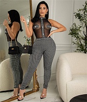 Houndstooth Mesh Patchwork High Waist Party Jumpsuit ZS-0457