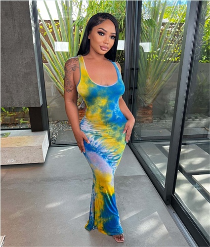 Tie Dye Print Sleeveless Elastic Bodycon Long Dresses YD-8572