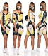 Tie-Dyed V-Neck Short Sleeve Casual Shorts Two-piece Suit With Mask OSM-6097