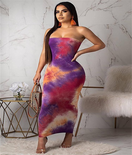 Sexy Strapless Printing Package Hips Ankles-length Maxi Dress MOY-5069