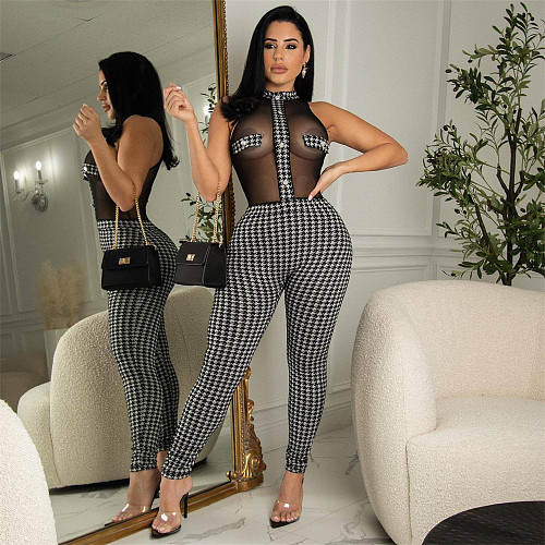 Houndstooth Mesh Patchwork High Waist Party Jumpsuit ZS-0457
