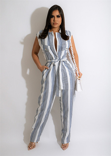 Striped High Waist Turn Down Collar Jumpsuit MUX-6085